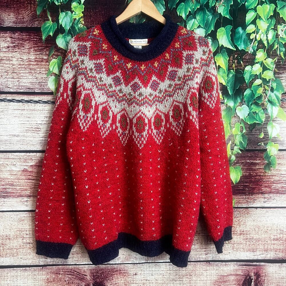 Vintage Fair Isle Wool Sweater Large Red Knit Nordic Grandpa Christmas Holiday